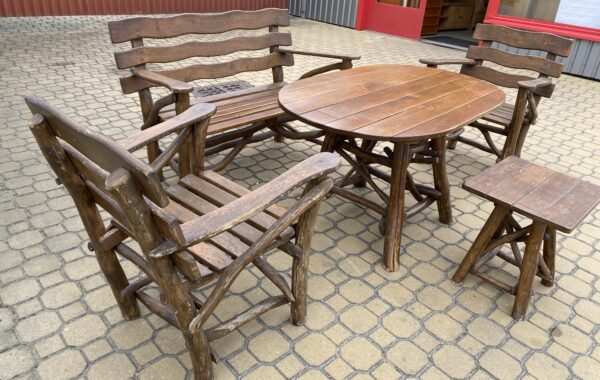 256  venkovní dubové rustikální sezení stůl 120x76x70cm,lavice 126cm a dvě křesla s stoličkou 6970Kč
