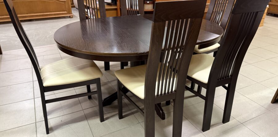 111 Italský značkový set EFFEZETA – stůl prům.110cm,po rozl.170cm +6xžidle dubová ,cena 7680Kč