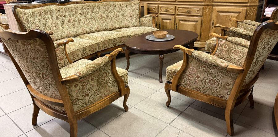 202 Antik velká oblouk pohovka 216cm a tři křesla dub+ brokát – jako nová za 18430Kč