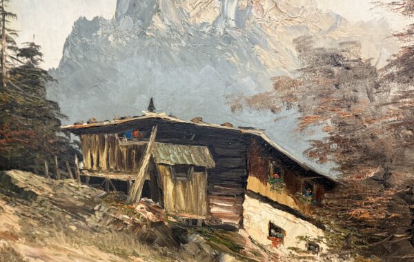 568 olej na plátnu – Dolomity s horskou chalupou 92x82cm ,signováno ,cena 3890Kč