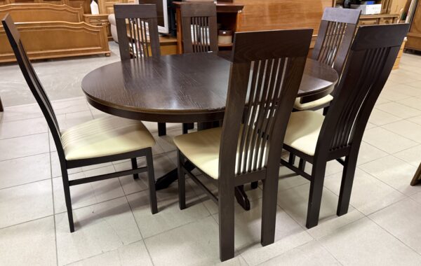 111 Italský značkový set EFFEZETA – stůl prům.110cm,po rozl.170cm +6xžidle dubová ,cena 7680Kč