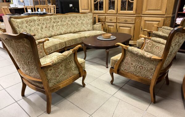 202 Antik velká oblouk pohovka 216cm a tři křesla dub+ brokát – jako nová za 18430Kč